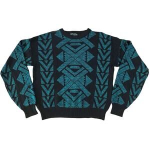VTG Cosby Sweater Mens XL Blue Abstract Geometric Knit Pullover Crewneck 90s Y2K